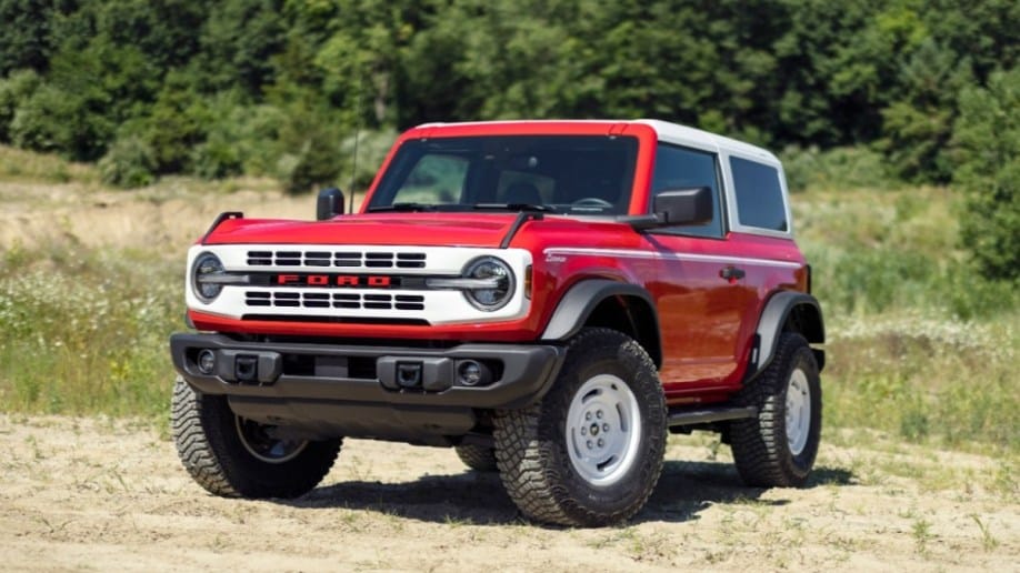 A 2-door 2023 Ford Bronco Heritage Edition in red.