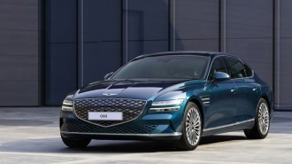 The 2023 Genesis Electrified G80 seen from a front quarter angle