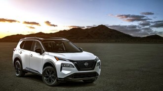 The 2023 Nissan Rogue midnight edition seen from a front quarter angle