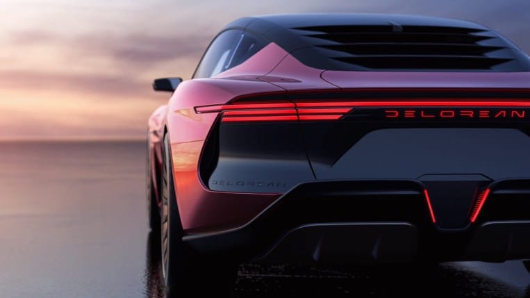 The Delorean Alpha5 from the rear, with its classic louvered window