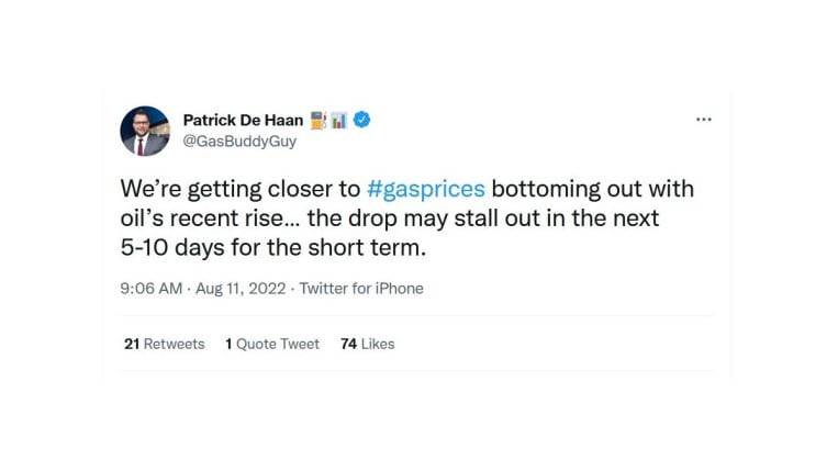 A tweet from GasBuddy head of petroleum analysis Patrick De Haan reads, "we're getting closer to #gasprices bottoming out with oil's recent rise... the drop may stall out in the next 5-10 days for the short-term"