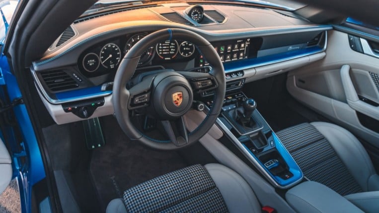 The interior of the Porsche Sally special edition, which features cloth and leather rather than cartoon bodily organs