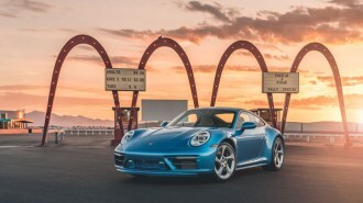 The Porsche 911 Sally special edition parked outside a drive-in movie theater