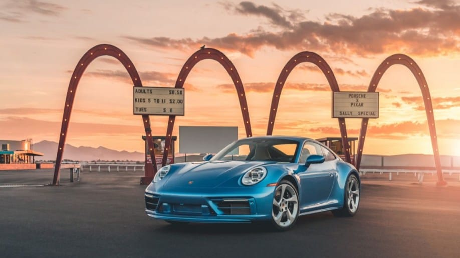 The Porsche 911 Sally special edition parked outside a drive-in movie theater 