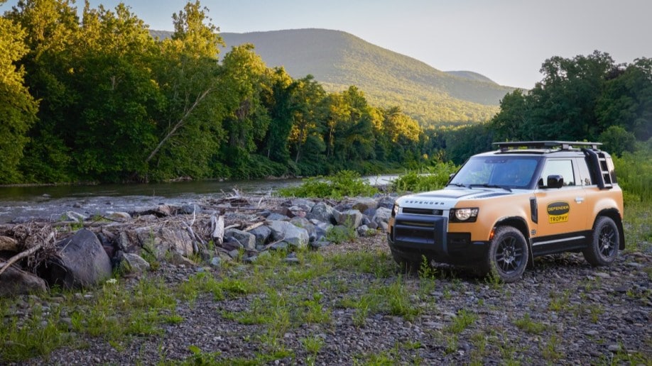 The 2023 Land Rover Defender Trophy Edition sits parked next to a rock wall on a grassy field. It is muted yellow, with a retro door decal and a black roof rack with a ladder.