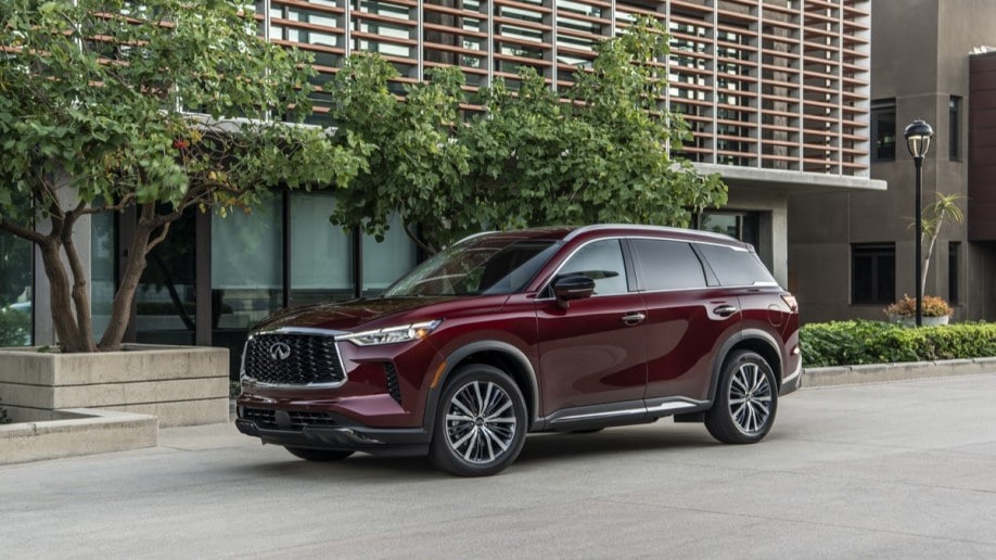 The 2023 Infiniti QX 60 in red seen from a front quarter angle