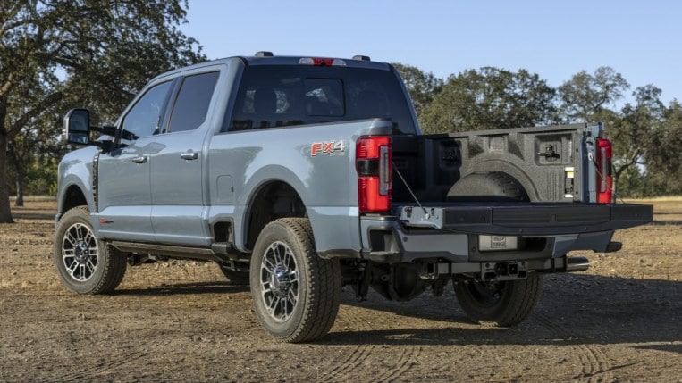 The 2023 Ford F-350 Super Duty from a rear quarter angle