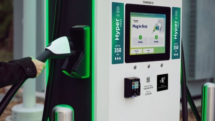 An Electrify America Hyper Fast charger, which is no faster than other brands' fast chargers