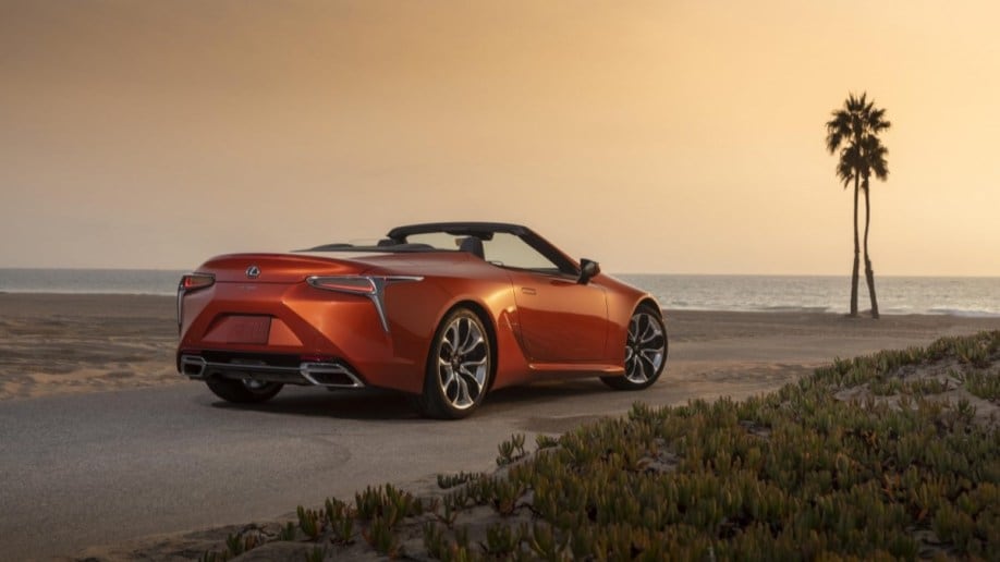 The 2023 Lexus LC Convertible from a rear quarter angle