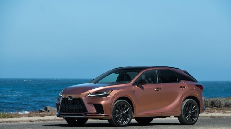 The 2023 Lexus RX from a front quarter angle in Copper Crest