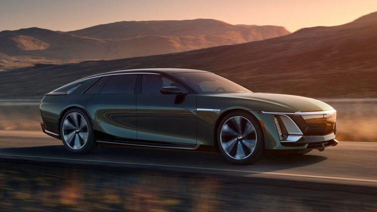 Green 2024 Cadillac CELESTIQ driving near hills