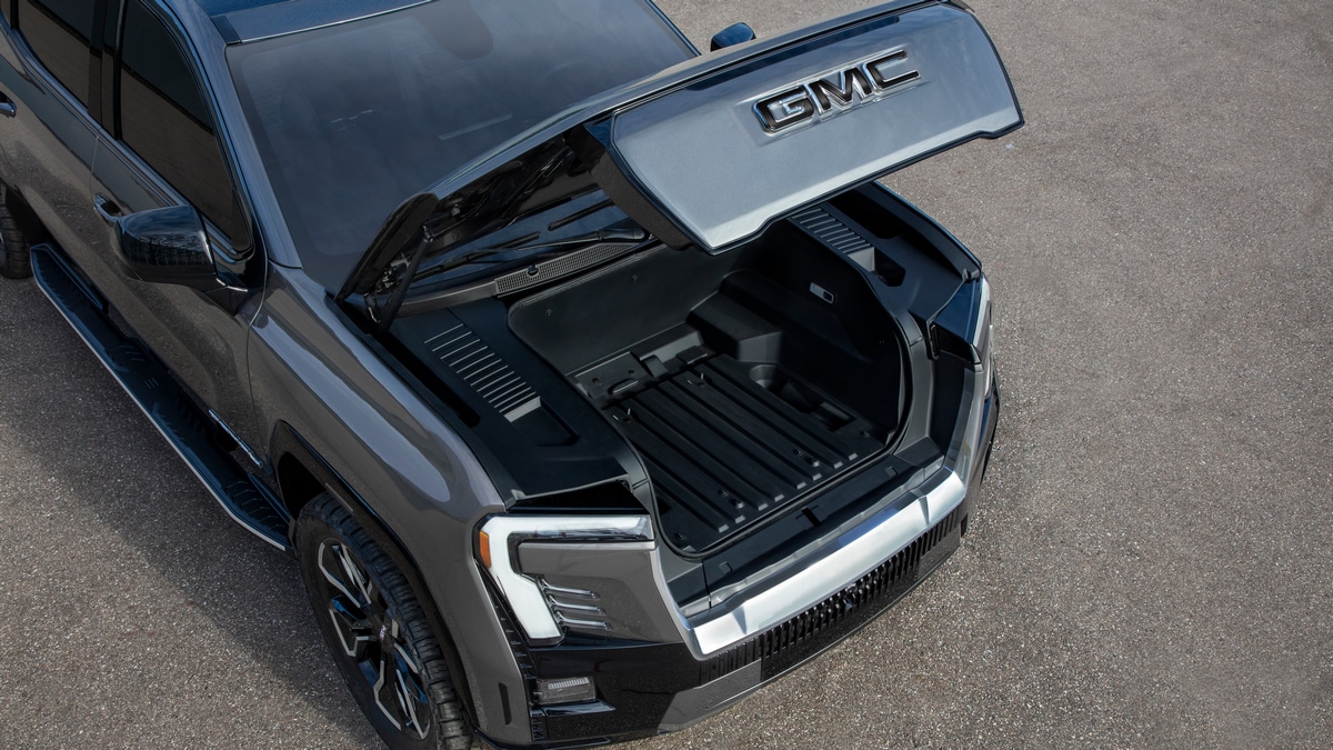 Silver 2024 GMC Sierra EV Denali Edition frunk detail.