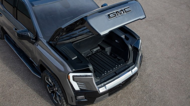 Silver 2024 GMC Sierra EV Denali Edition frunk detail.