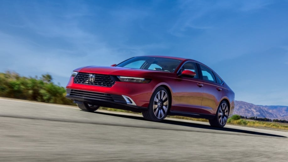 The 2023 Honda Accord in red, seen from a front quarter angle