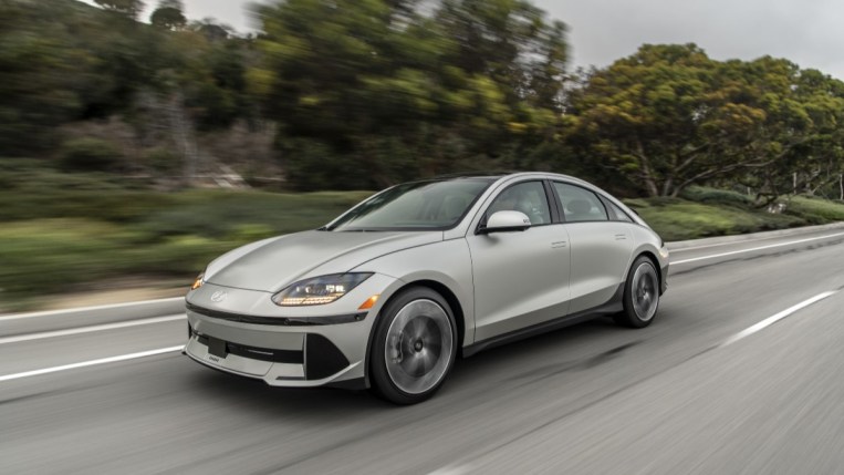 The 2023 Hyundai Ioniq 6 seen from a front quarter angle