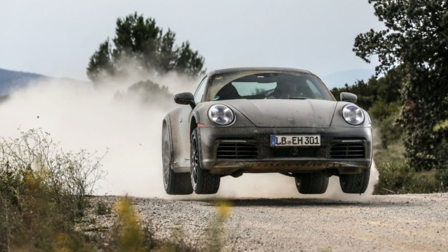 The 2023 Porsche 911 Dakar jumps in dirt road testing