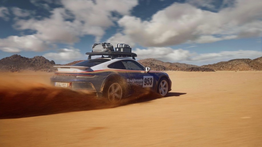 The 2023 Porsche 911 Dakar seen from a rear quarter angle