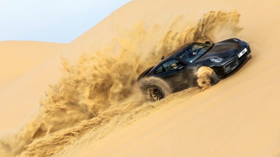The 2023 Porsche 911 Dakar seen in sand testing