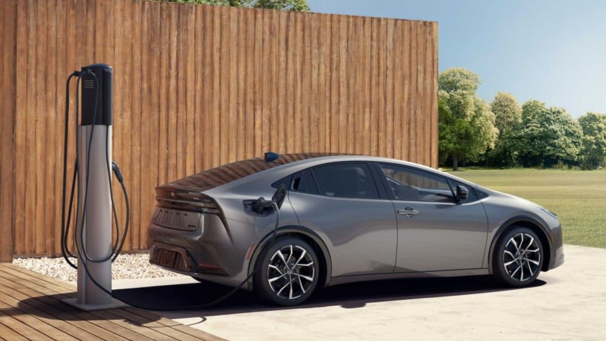 The redesigned 2023 Toyota Prius Prime plug-in hybrid as seen from the rear.