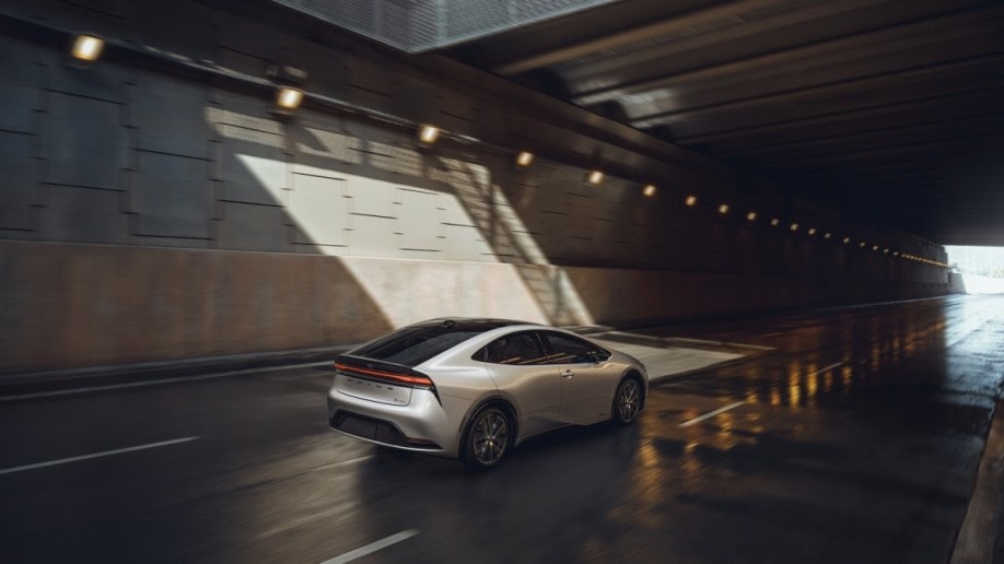 The 2023 Toyota Prius seen from a rear quarter angle 
