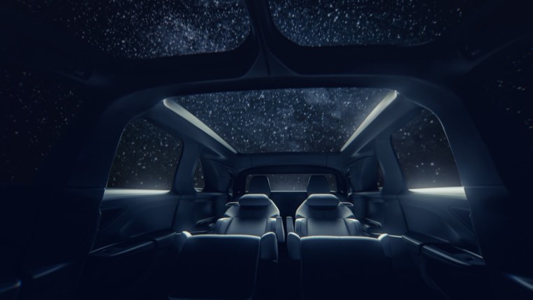 A teaser shot shows the second row seats of the 2024 Lucid Gravity