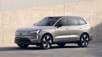 The all-new 2024 Volvo EX90 electric midsize SUV seen from the front.