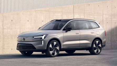 The all-new 2024 Volvo EX90 electric midsize SUV seen from the front.
