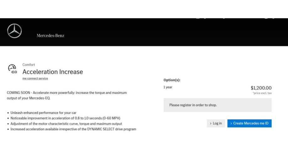 A page on the Mercedes Online Store offering additional horsepower for some electric cars for $1,200 per year 