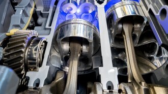 Inside view of engine cylinders, pistons and valves.