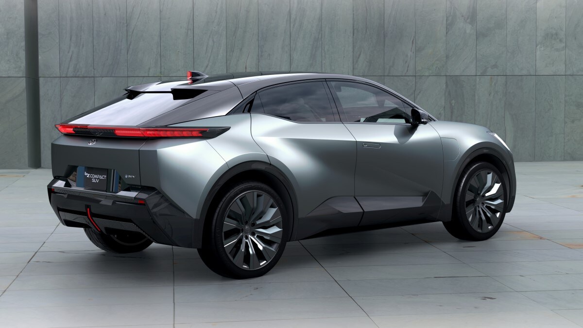 The Toyota bZ Compact SUV concept from a rear quarter angle