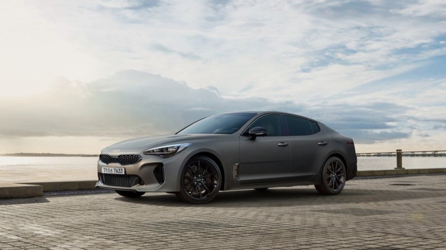 The 2023 Kia Stinger Tribute Edition seen from a front quarter angle in Moonscape gray.