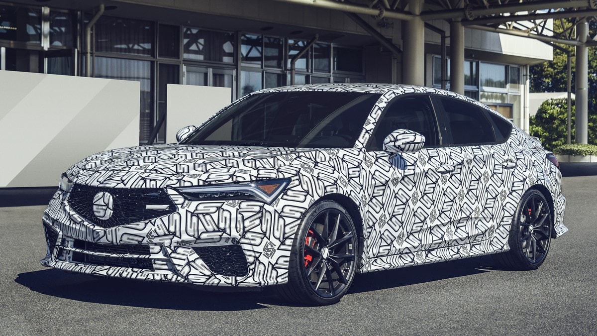 The 2024 Acura Integra Type S in testing from a front quarter angle