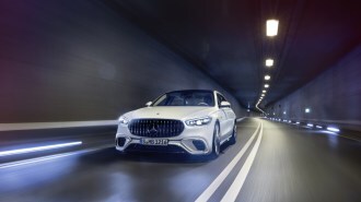 The 2024 Mercedes-AMG S 63 E Performance seen from a front quarter angle