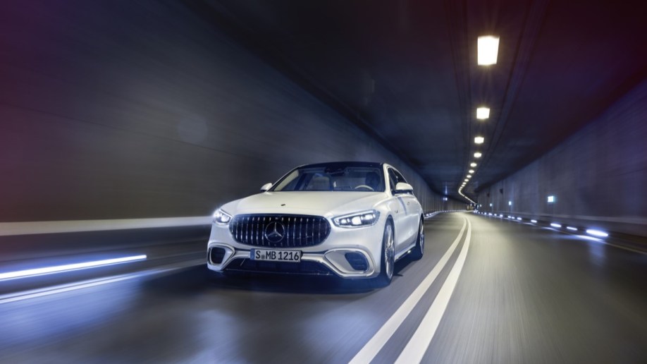 The 2024 Mercedes-AMG S 63 E Performance seen from a front quarter angle