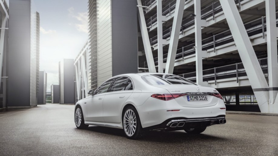 The 2024 Mercedes-AMG S 63 E Performance seen from a rear quarter angle