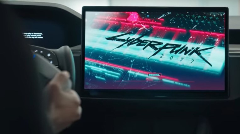 A Tesla driver plays Cyberpunk 2077 on their infotainment screen 