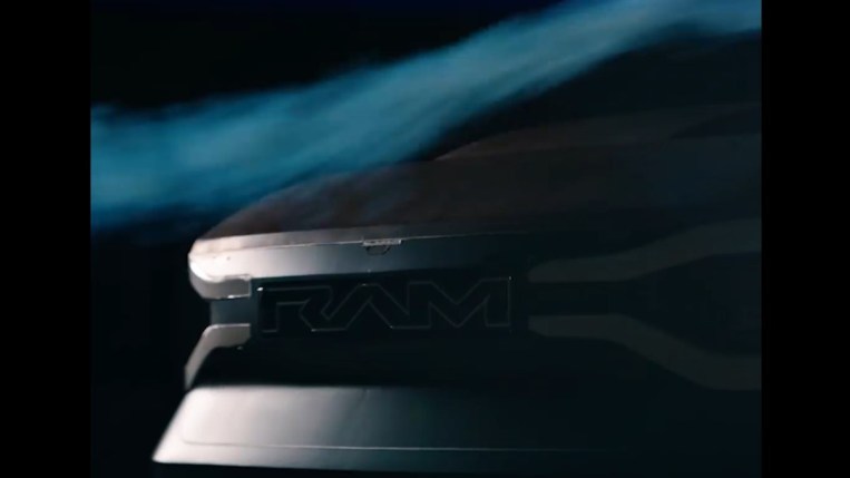 A video still showing the front fascia of the Ram Revolution concept electric truck