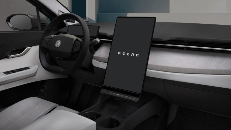 The interior of the 2023 Fisker Ocean, with its rotating central touchscreen
