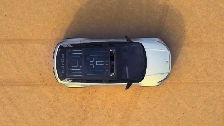 The 2023 Fisker Ocean with its SolarSky solar charging roof, seen from overhead