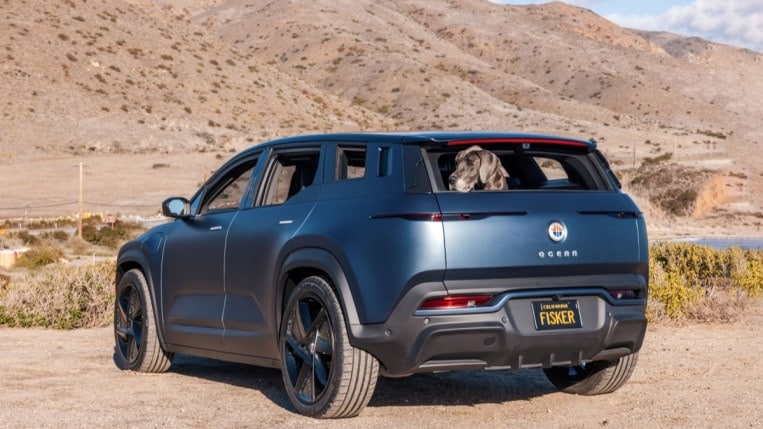 The 2023 Fisker Ocean in California Mode, with the sunroof open and all windows down