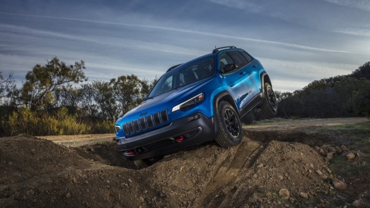 The 2023 Jeep Cherokee Trailhawk seen from a front quarter angle