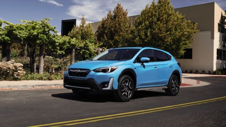 The 2023 Subaru Crosstrek Hybrid seen from a front quarter angle