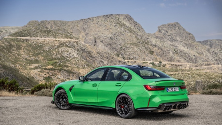 The 2024 BMW M3 CS seen from a rear quarter angle