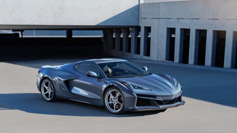 The 2024 Chevrolet Corvette E-Ray seen from a front quarter angle