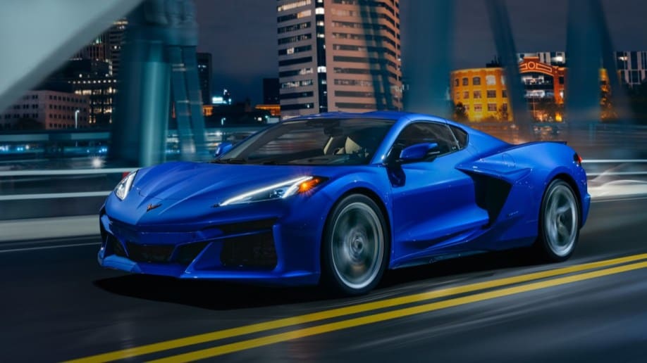 The 2024 Chevrolet Corvette E-Ray seen from a front quarter angle