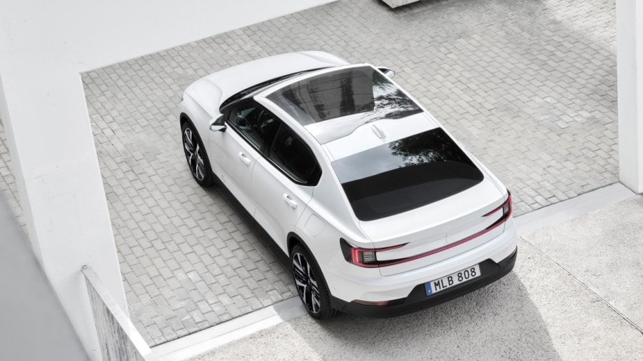 The 2024 Polestar 2 seen from a rear overhead angle