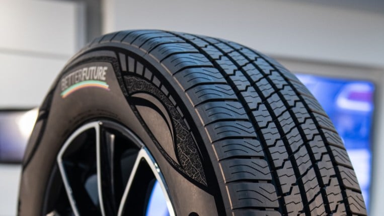 A tire made from 90% sustainable materials include soybean oil, pine resin, and rice husks
