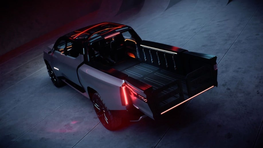 The Ram 1500 Revolution electric truck concept seen with its midgate down