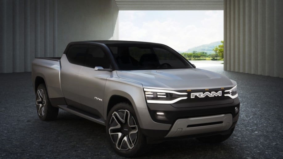 The Ram 1500 Revolution electric truck concept seen from a front quarter angle