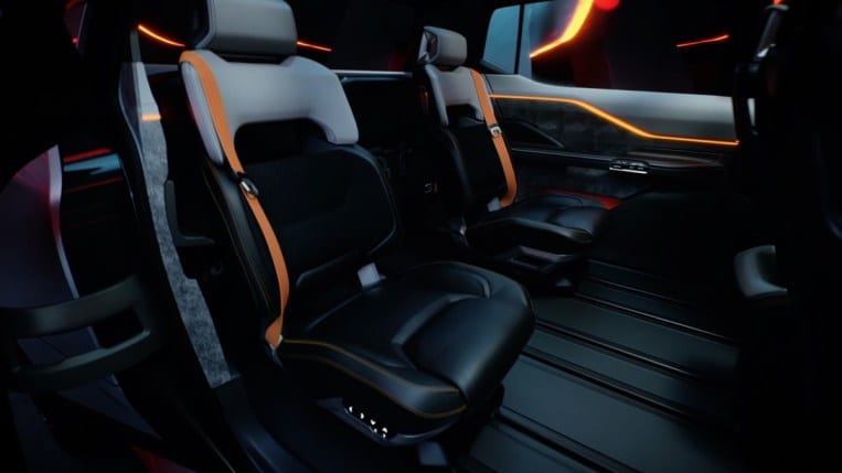 The rear seats of the Ram 1500 Revolution electric truck concept